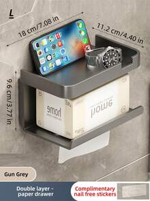 1個灰色掛壁式紙巾盒(無需鑽孔固定),家庭浴室、廚房、手巾收納必備 - 灰色 - 查看 4