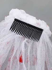 1 件新娘面纱万圣节派对女士面纱化妆舞会哥特风格血腥面纱 - 紅白色 - 查看 4