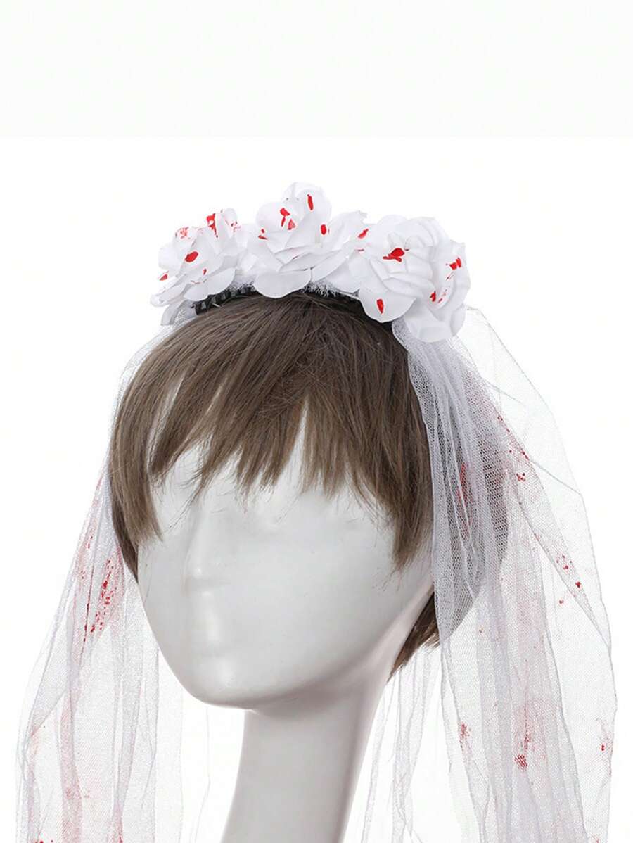 1 件新娘面纱万圣节派对女士面纱化妆舞会哥特风格血腥面纱 - 紅白色 - 查看 1