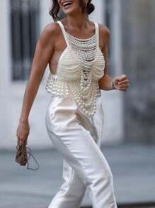 一件奢华女士珍珠装饰吊带背心，搭配优雅细肩带上衣，街头风十足，适合约会、派对、度假，也是送给女性的绝佳礼物。 - 白色 - 查看 2