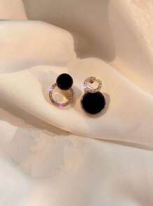 1pair Round Disc & Rhinestone Decor Stud Earrings - Multicolor - View 2