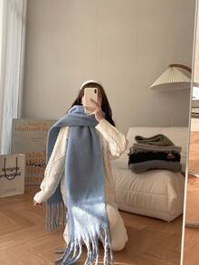 馬卡龍顏色素色圍巾,長毛絨,濃烈香調,長款領圍裹,情侶披肩適用於日常使用 - 霧霾藍 - 查看 3