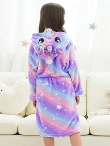 Bata De Descanso Para Niña Joven Con Diseño De Unicornio Impreso En Estrellas Y Cinturón - Multicolor - Ver 2