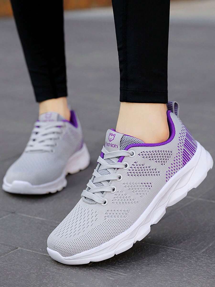 女士一腳蹬飛織跑步鞋防滑步行鞋輕便健身房鍛煉鞋透氣時尚運動鞋 - 灰色 - 查看 1
