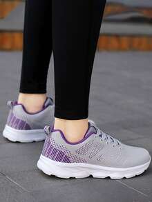 女士一腳蹬飛織跑步鞋防滑步行鞋輕便健身房鍛煉鞋透氣時尚運動鞋 - 灰色 - 查看 3