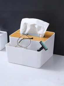 1入組木紋蓋式桌面紙巾盒,適用於家居 - 白色 - 查看 9