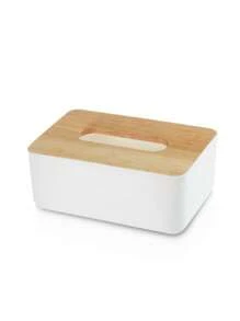 1入組木紋蓋式桌面紙巾盒,適用於家居 - 白色 - 查看 10