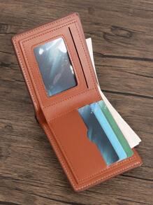 HOVI'S 男士錢包男性短款鈔票夾男青年簡約時尚多卡設計荔枝紋水平拼接pu皮夾 - 卡其色 - 查看 5