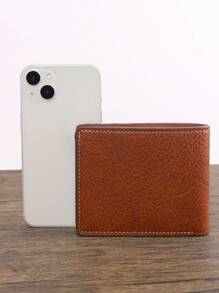 HOVI'S 男士錢包男性短款鈔票夾男青年簡約時尚多卡設計荔枝紋水平拼接pu皮夾 - 卡其色 - 查看 4