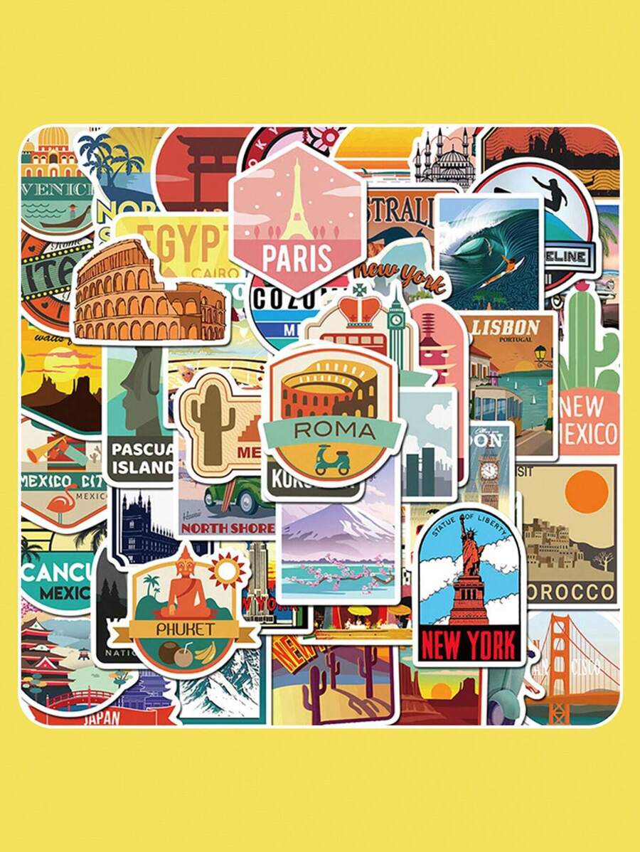 50 Sheets Waterproof City Travel Pattern Stickers For Journal Decoration,School Supplies,Back To School - Multicolor - View 1