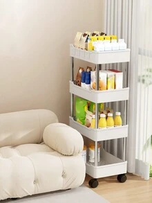 1pc Four-layer Storage Rack, Bedside Shelf, Floor-standing Shelf, Bathroom Shelf, Kitchen Cart With Narrow Gap, Wide Bookshelf, Snack Shelf Cart 【including 4 Hooks】