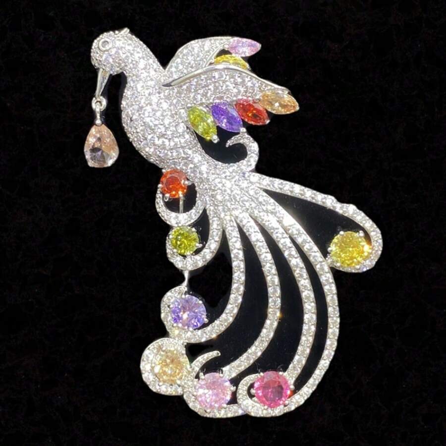 1只男女皆宜的豪華鳳凰造型銅胸針,鑲嵌立方鋯,用於婚禮或宴會的黃金珠寶 - 軍綠色 - 查看 1