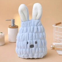 1 pieza Gorro de toalla con orejas de conejo de felpa coral suave y lindo, secado rápido para baño, salón de belleza, hotel, deportes, hogar, cuidado de la piel - Azul - Ver 4