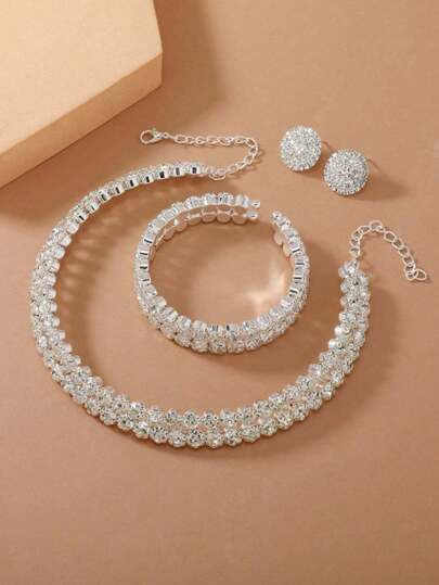 4 件时尚闪亮双排镶水钻项链耳环手链婚礼套装派对装饰新娘配饰