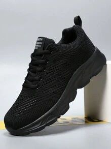 女士透气网眼轻便休闲运动鞋，舒适百搭新款防滑运动鞋，春夏 - 黑色 - 查看 1