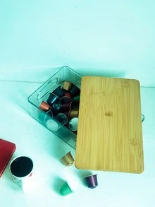 1個透明長方形咖啡膠囊糖果收納盒,竹蓋裝置 - 白色 - 查看 2