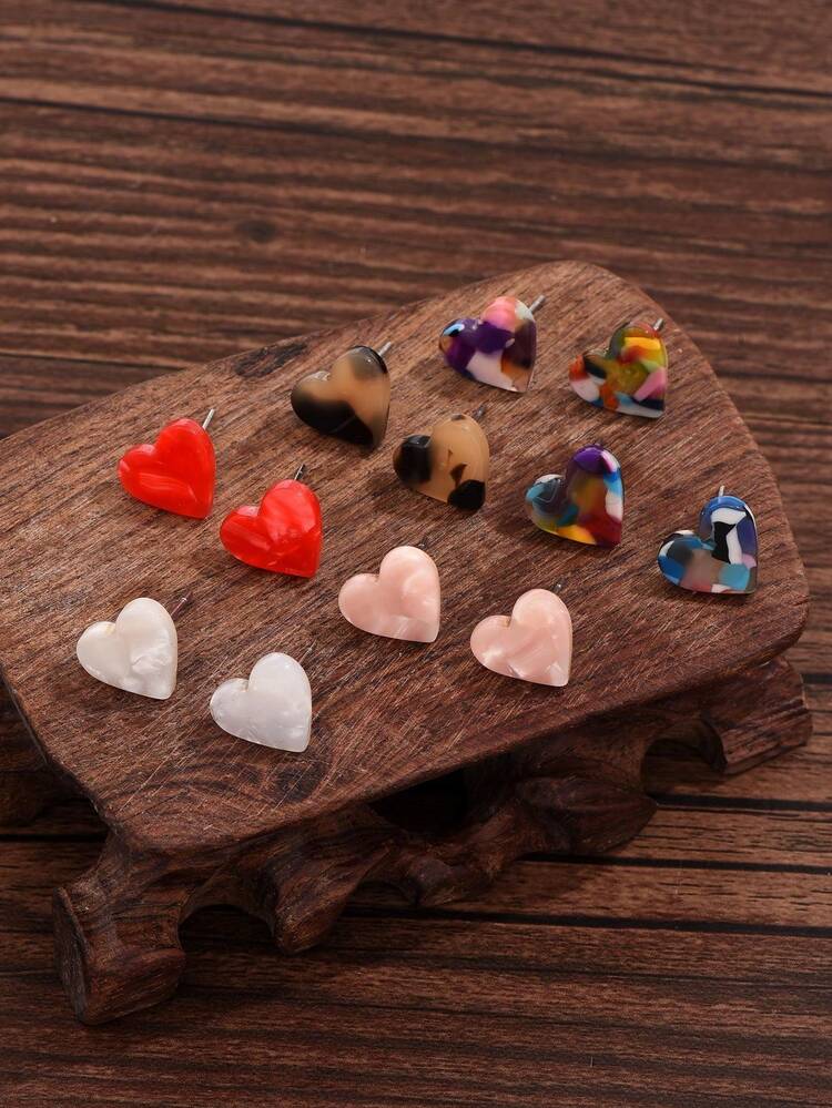 6 pares Pendientes de botón con diseño de corazón - Multicolor - Añade 5