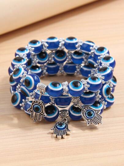 3pcs Fashionable Ol Style Evil Eye & Hand & Eyeball Pendant Bracelet For Women