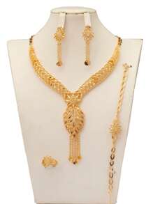 Collar en forma de estallido de girasol con flecos, chapado en oro de 18K + Juego de regalo de lujo de 5 piezas de aleación de cobre en dorado champán con estilo dubái para novias, bodas y día de San Valentín para damas