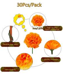 30Pcs/Set Or 6Pcs/Pack Artificial Marigold Flower Heads Orange Plastic Faux Flower Bulk Bunch Fake Halloween Artificial Carnation Flower For Funeral Arrangements, Wedding Bouquets, Cemetery Wreaths, Party Birthday Decoration, DIY Crafts Rama Decoration Rama