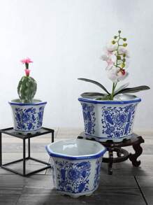 1pc Blue And White Porcelain Ceramic Flower Pot Large Planter Pot Vintage Chinese Style Succulent Planter Set - White - View 3