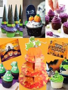 1入組秋季南瓜造型3層馬卡龍蛋糕架,楓葉紙板甜點支架塔,用於感恩節裝飾主題派對用品 - 如圖所示 - 查看 4