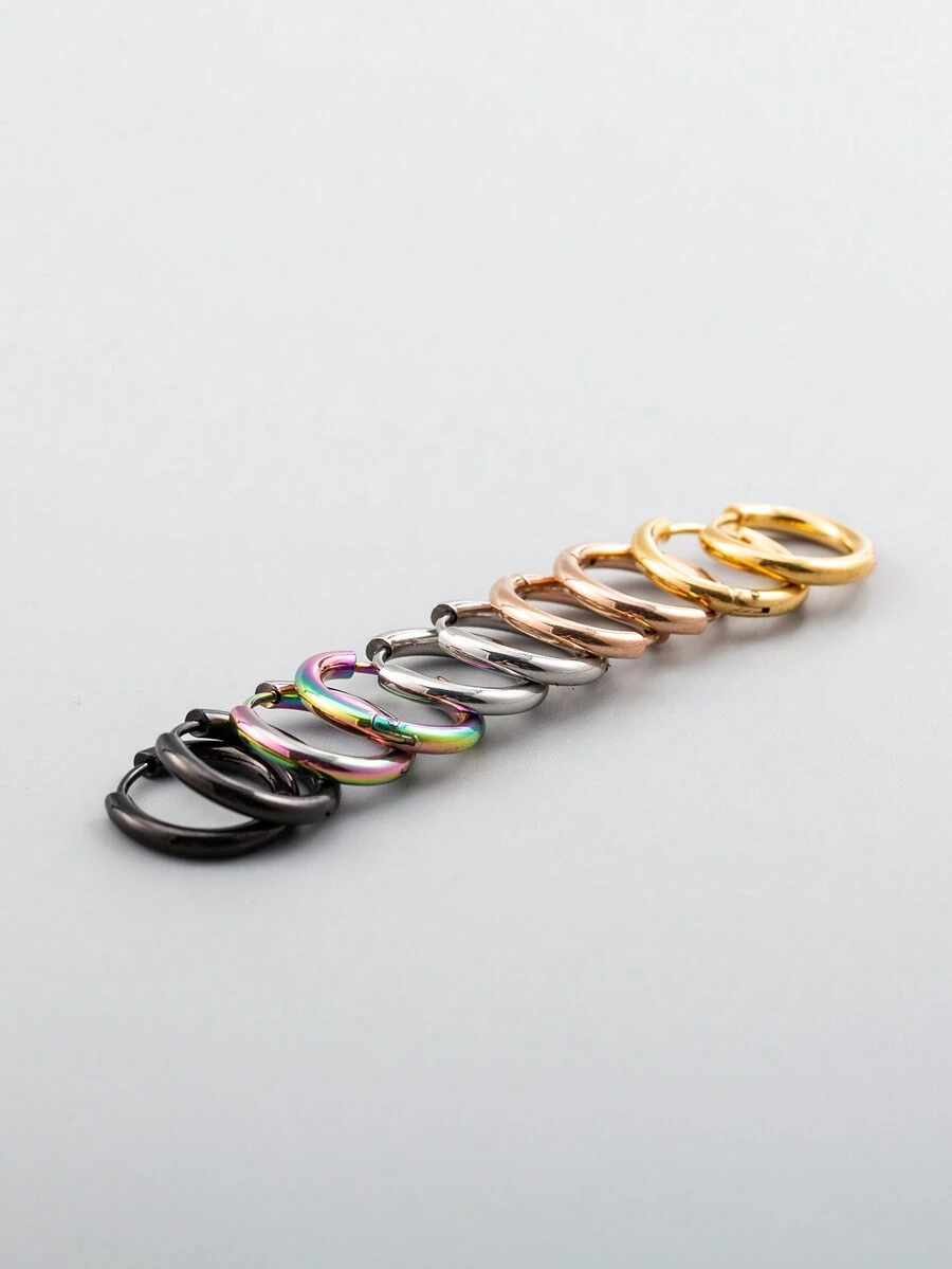 Conjunto De 5 Pares De Aretes De Aro Para Hombre De Acero Inoxidable, Simples Y Multicolores Para Fiesta - Multicolor - Ver 1