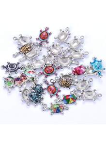 10pcs Mixed Color Sold Printed Oil Drip Alloy Turtle Pendant, Double Hole Connector For Diy Bracelet And Necklace Making - Multicolor - View 2