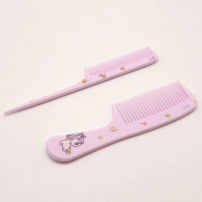 2件套可爱卡通动物和食物图案梳子套装，方便居家或旅行使用，包含梳子、美发工具、美发产品和配件，适用于理发店、美容院、返校季、旅行度假等场合，是女士美发必备品。套装包含梳子、解结梳、球形梳、迷你梳子套装、木梳、卷发梳、美发设备、发型设计、美发、梳子、梳子套装、梳子、卷发梳、解结梳、女士梳子、理发师、理发配件、理发店、美发设备。