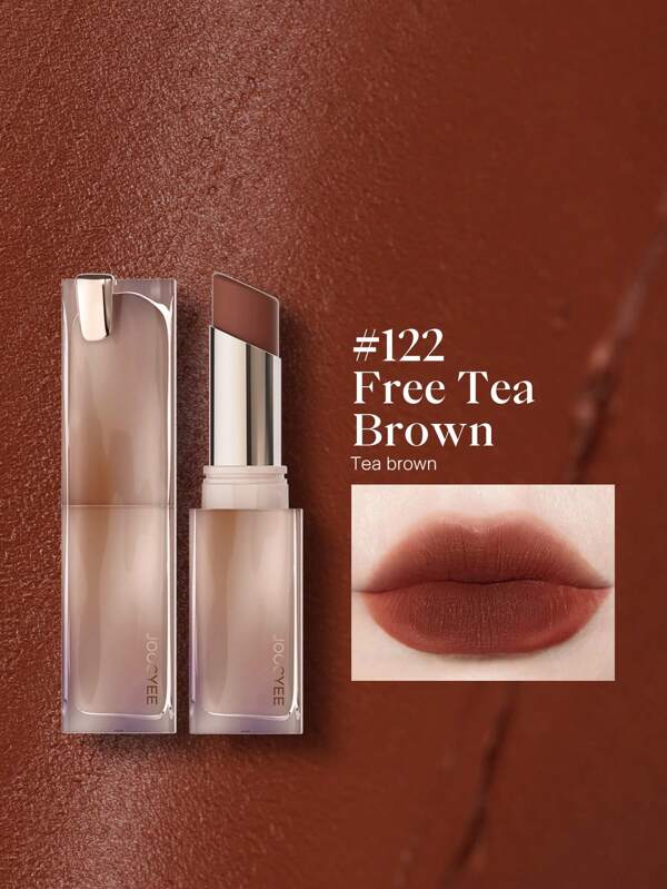 JOOCYEE Lápiz labial de larga duración con textura suave y cremosa, color marrón té mate, con impacto alto, de la línea Matte Muddy Rouge 122