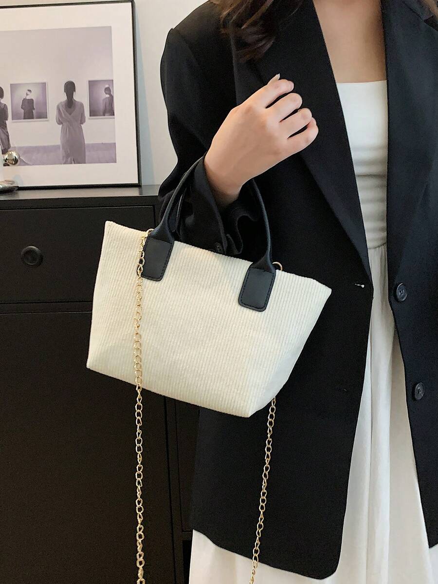 Foldable Chain Shoulder Tote Bag For Women, Large Capacity - White - View 1