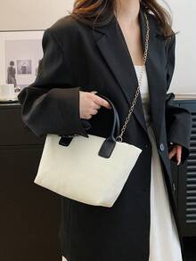 Foldable Chain Shoulder Tote Bag For Women, Large Capacity - White - View 7
