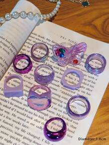10pcs/set Fashionable Popular Resin Rings Set In Purple Color With Butterfly, Heart, Square, Geometric Desing - Multicolor - View 3