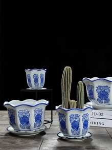 1個藍白瓷陶瓷花盆,大型多肉花盆,古色古香的中式盆套裝 - 白色 - 查看 3