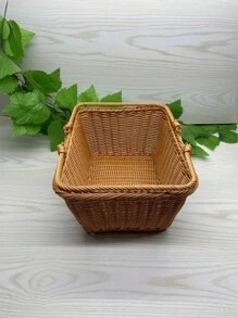 1入組戶外手工編織柳條籃子,塑膠編織野餐籃子適用於鄉村水果和蔬菜系列,收納適合旅行 - 卡其色 - 查看 3