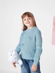 Balabala Áo len giữ nhiệt mềm mại Tween Girl cổ tròn đính sequin phù hợp cho mùa đông - Màu xanh lam - Xem 3