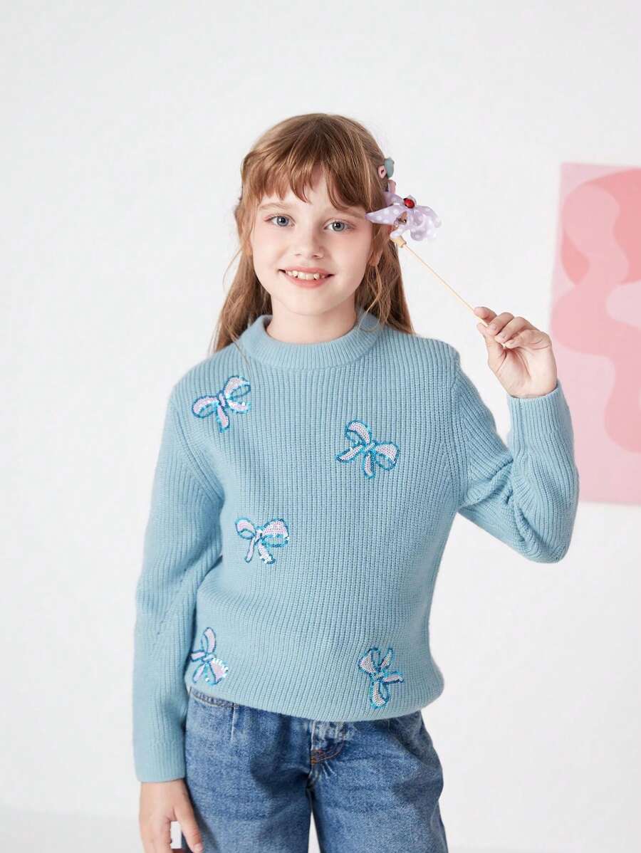 Balabala Áo len giữ nhiệt mềm mại Tween Girl cổ tròn đính sequin phù hợp cho mùa đông - Màu xanh lam - Xem 1