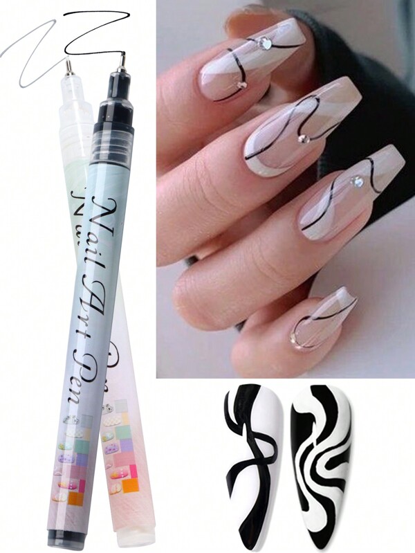2pcs Black & White Nail Art Marker Pens, Waterproof Nail Doodle Pens For Abstract Lines And Delicate Floral Patterns, Nail Art Tools, Nail Doodle Pens, Nail Art Supplies