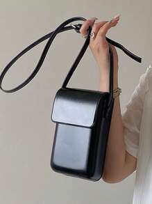 Minimalist Flap Crossbody Bag, Mini PU Leather Phone Purse, Women's Square Shoulder Bag (7.87*5.11*2.16) Inch - Black - View 1
