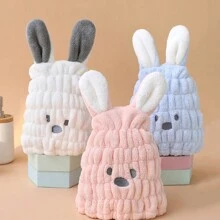 1 pieza Gorro de toalla con orejas de conejo de felpa coral suave y lindo, secado rápido para baño, salón de belleza, hotel, deportes, hogar, cuidado de la piel - Azul - Ver 1