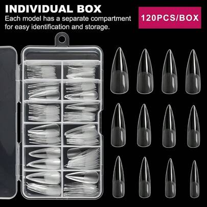 120pcs Half-Matte Long Pointed False Nails In 12 Sizes For Nail Extension/Art/Diy, Transparent Box Pack Press On Nails Nail Supplies