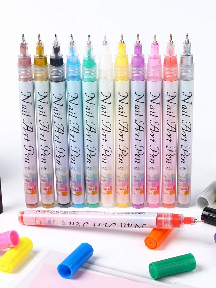12pcs/Set Nail Art Marker Pens, Nail Doodle Pens For Drawing Abstract Lines & Delicate Floral Patterns, Waterproof Nail Art Tools, Nail Art Supplies - Multicolor - View 9
