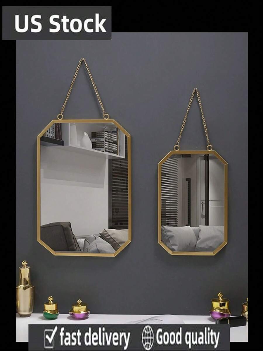 1pc Nordic Style Iron Art Decorative Square Wall Mounted Mirror For Bathroom, Dorm Room - Vàng - Xem 1