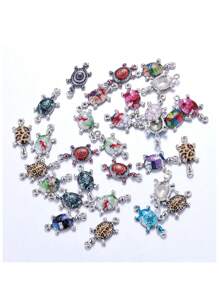 10pcs Mixed Color Sold Printed Oil Drip Alloy Turtle Pendant, Double Hole Connector For Diy Bracelet And Necklace Making - Multicolor - View 3