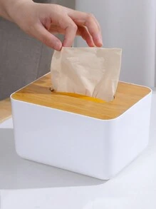 1入組木紋蓋式桌面紙巾盒,適用於家居 - 白色 - 查看 8