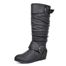 Women's Wide Calf Knee High Boots, Fur-Lined Low Hidden Wedge Boots - màu đen - Xem 3