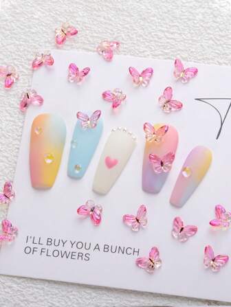 30 piezas/set Decoración de uñas de mariposa de resina en degradado rosa, dijes de uñas, gemas de uñas, suministros de uñas