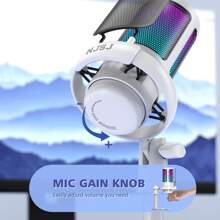 1 件白色 Njsj USB 电脑麦克风兼容 /// 智能手机，带触摸静音、RGB 氛围灯、增益旋钮和显示器插孔，适用于游戏/流媒体 - 白色 - 查看 4