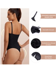 1pc Women's Black Sexy V-Neck Body Shaper With Tummy Control And Thong Bottom, Breathable,Quick-Drying,Absorbs Sweat - Black - View 3