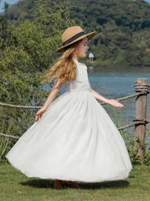 Tween Girls' White Wedding Party Dress With Petticoat And Open Back Design